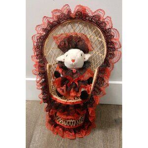 Vintage Lace Decorated Wicker Peacock Play Doll Chair With Decorated Bear